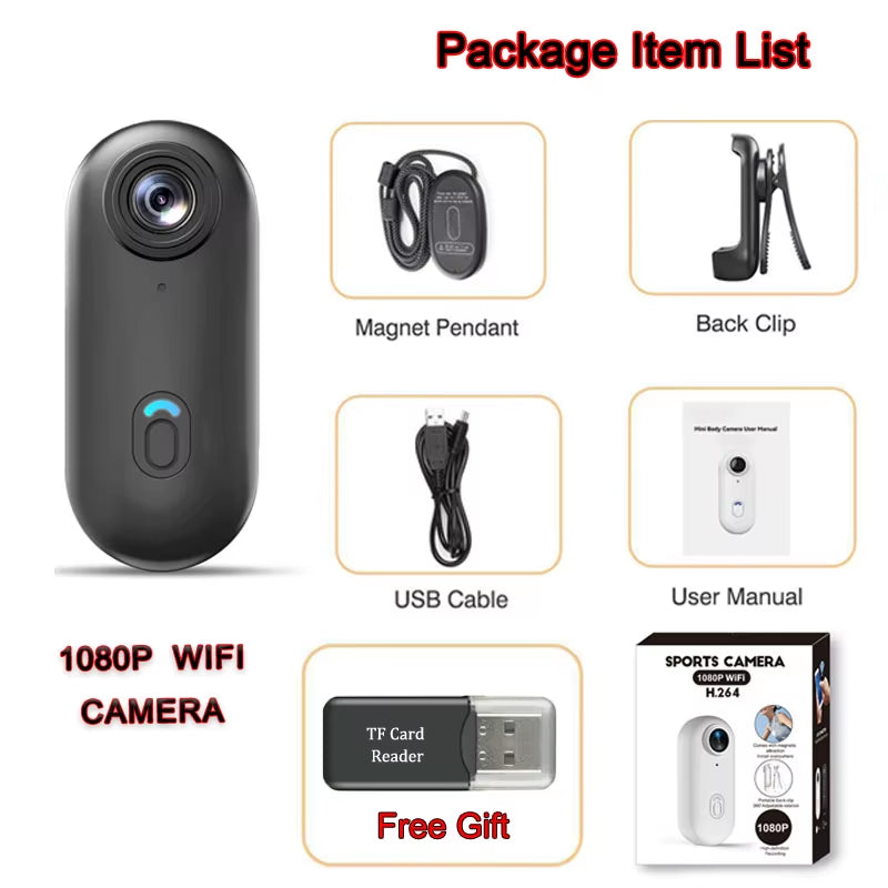 POV Camera with Magnetic Body Clip Small Body Wearable Camera FHD 1080P Small Tiny Outdoor Vlog Recorder Action Camera Sport DV